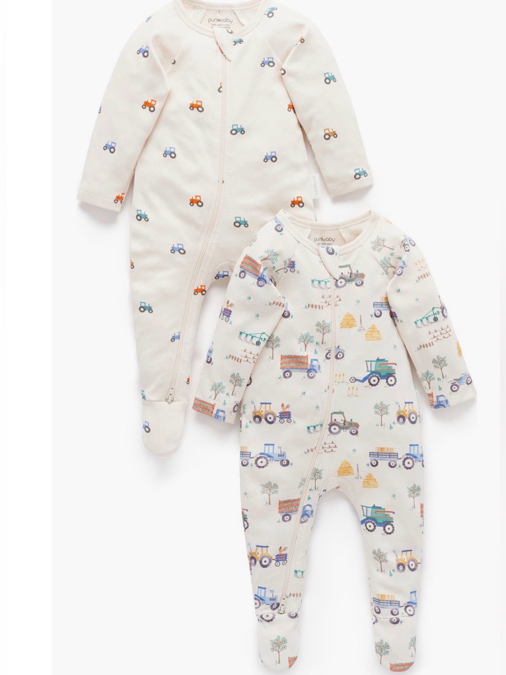 Purebaby White Footed One-Pieces with Multi-Colored Tractor Print